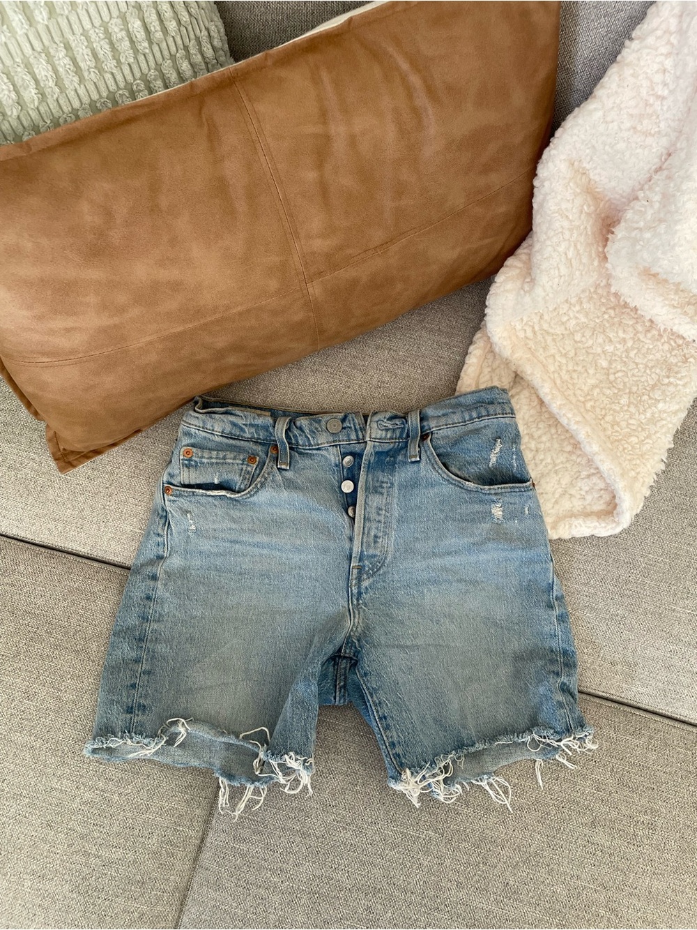 Levi's Premium Light Blue Distressed High-Rise Denim Shorts